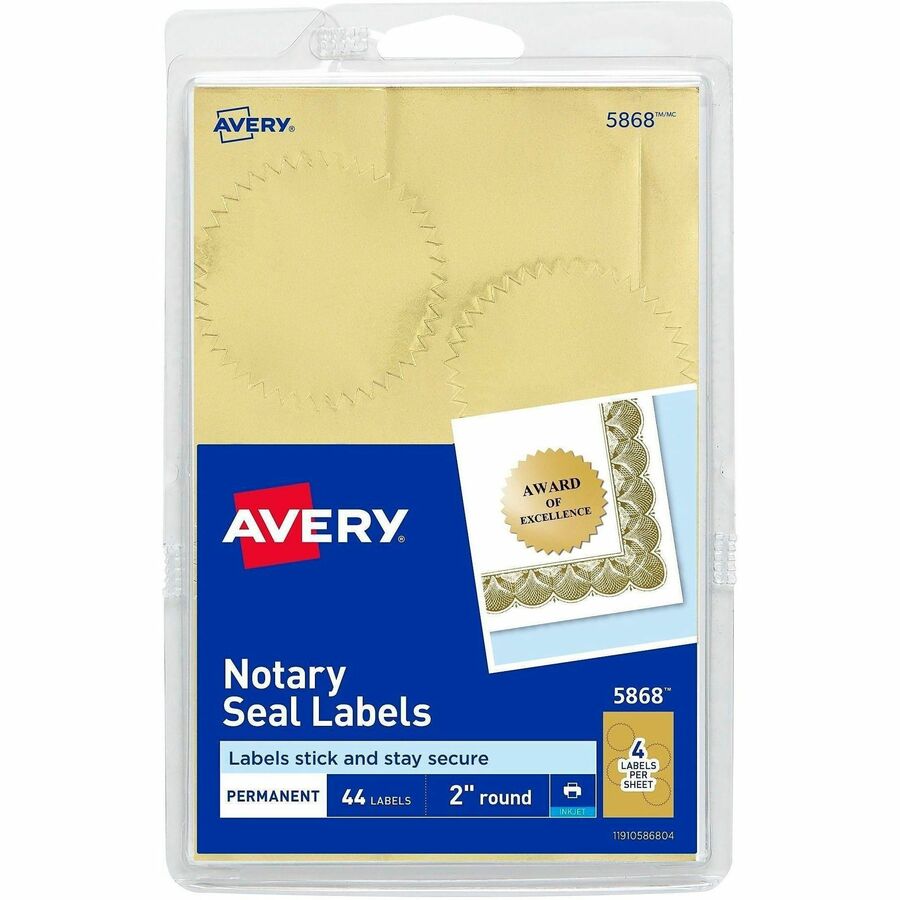 Avery®, Printable Gold Foil Notarial Seals - Round - 2" Diameter - Permanent - For Award, Certificate, Envelope, Legal Document - Gold - 44 / Pack