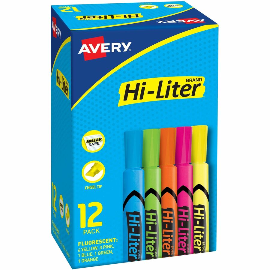 Avery®, Hi-Liter, Desk-Style, Assorted Colors, 12 Count (98034) - Chisel Marker Point - Washable - Fluorescent Yellow, Fluorescent Blue, Fluorescent Green, Fluorescent Orange, Fluorescent Pink Ink - Water Based - Plastic Tip - Document, Classroom, H...