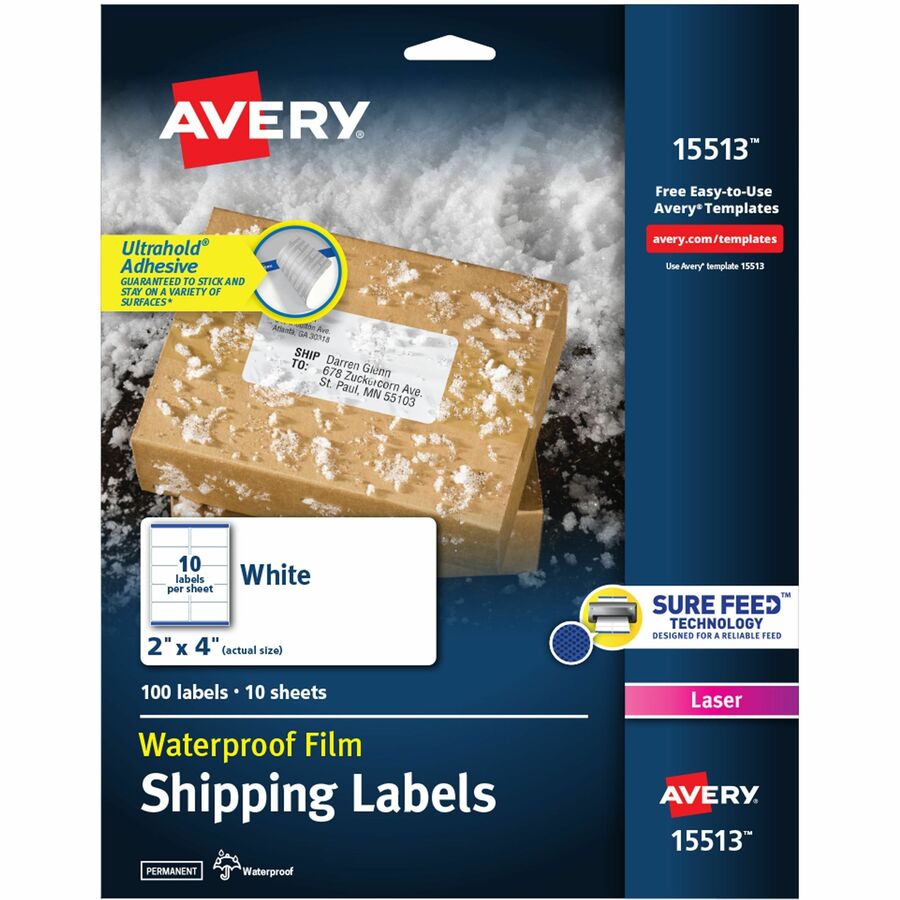 Avery®, 2" x 4" Labels, Ultrahold, 100 Labels (15513) - Waterproof - 2" Width x 4" Length - Permanent Adhesive - Rectangle - Laser - Matte - White - Film - 10 / Sheet - 10 Total Sheets - 100 Total Label(s) - 100 Labels/Pack - 1 Carton