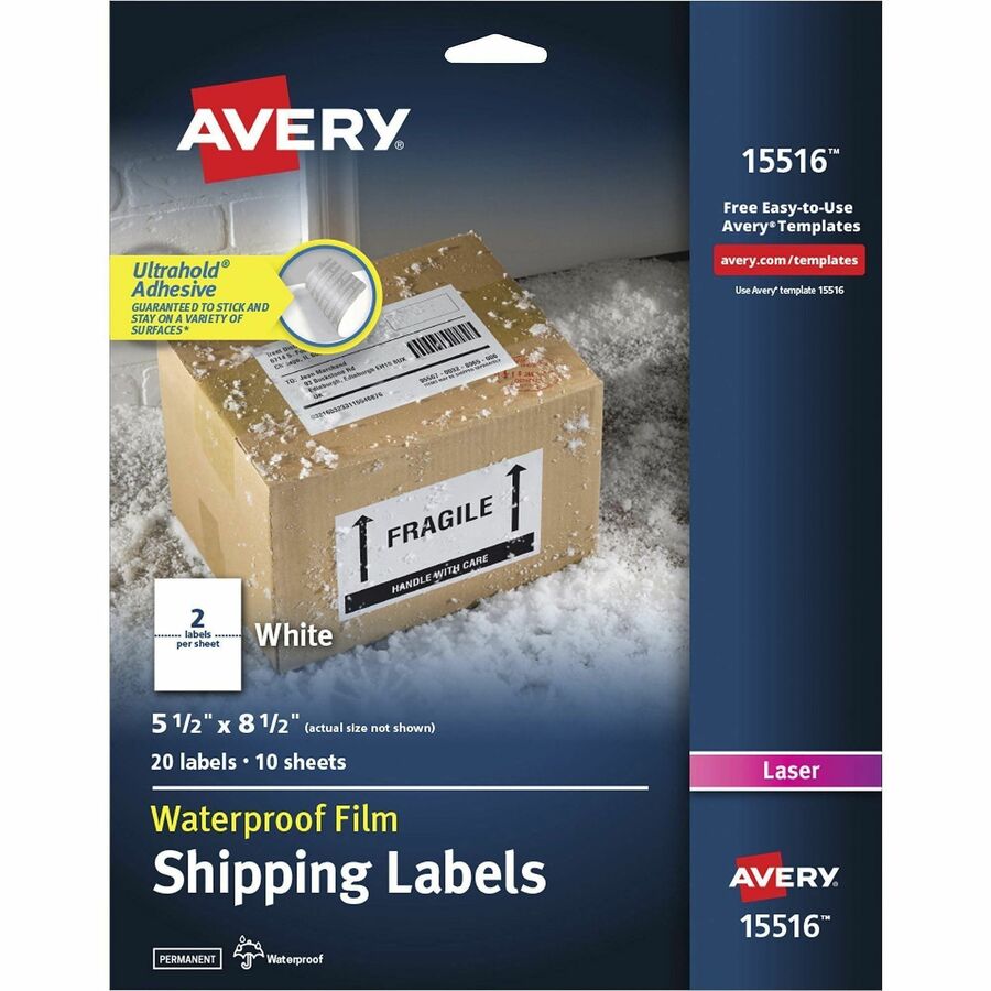 Avery®, 5-1/2" x 8-1/2" Labels, Ultrahold, 20 Labels (15516) - Waterproof - 5 1/2" Width x 8 1/2" Length - Permanent Adhesive - Rectangle - Laser - Matte - White - Film - 2 / Sheet - 10 Total Sheets - 20 Total Label(s) - 20 / Pack