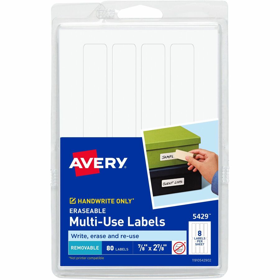Avery®, Erasable Multi-Use Labels - 7/8" Height x 2 7/8" Width - Removable Adhesive - Rectangle - Matte - White - Film - 8 / Sheet - 180 Total Sheets - 1440 Total Label(s) - 80/Pack - 1 Carton
