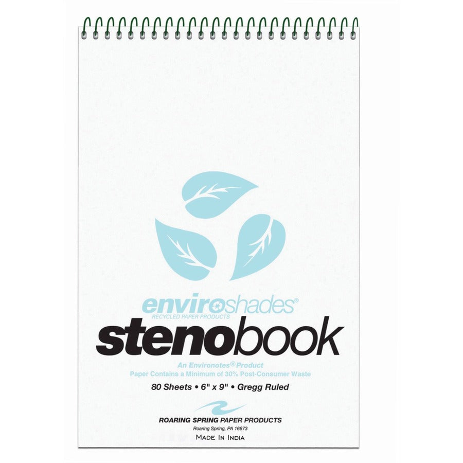 Roaring Spring Enviroshades Recycled Spiral Steno Memo Book - 80 Sheets - 160 Pages - Printed - Spiral Bound - Both Side Ruling Surface - Gregg Ruled Front Ruling - 0.50" Ruled - Gregg Ruled Red Margin - 15 lb Basis Weight - 56 g/m², Grammage - 9"...