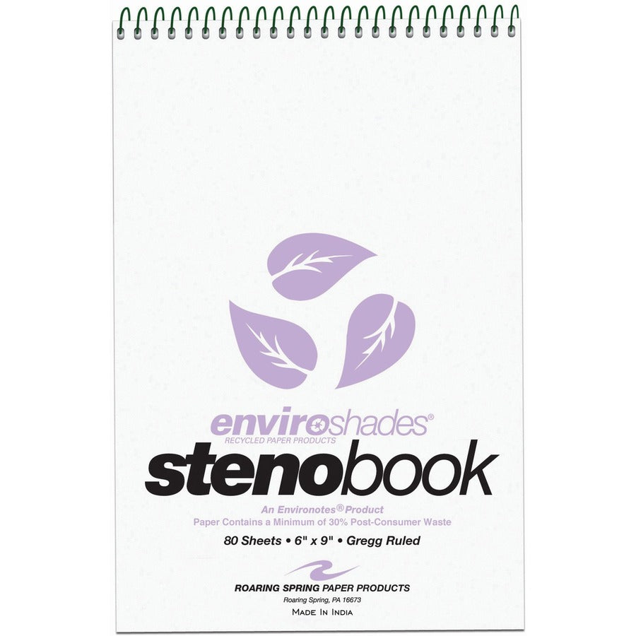 Roaring Spring Enviroshades Recycled Spiral Steno Memo Book - 80 Sheets - 160 Pages - Printed - Spiral Bound - Both Side Ruling Surface - Gregg Ruled Red Margin - 15 lb Basis Weight - 56 g/m², Grammage - 9" x 6" Sheet Size - 1.25" Height x 6" Width...
