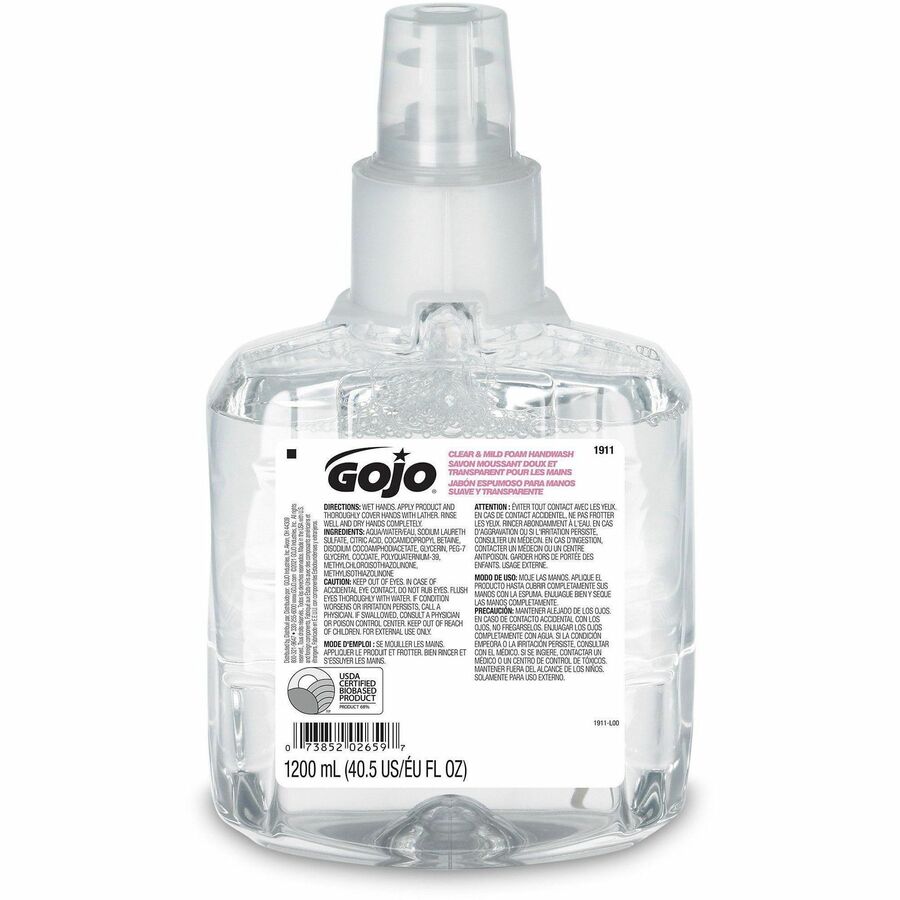 Gojo®, LTX-12 Clear Mild Foam Handwash Refill - 1.27 quart - Hand, Skin - Moisturizing - Clear - Fragrance-free, Dye-free, Bio-based, Rich Lather, Eco-friendly - 1 Each