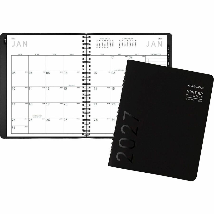 At-A-Glance Contemporary Planner - Julian Dates - Monthly - 1 Year - January 2027 to December 2027 - 1 Month Double Page Layout - 6 7/8" x 8 3/4" Sheet Size - Wire Bound - Desktop - Paper, Simulated Leather - Black Cover - 9.1" Height x 7.5" Width - 1...