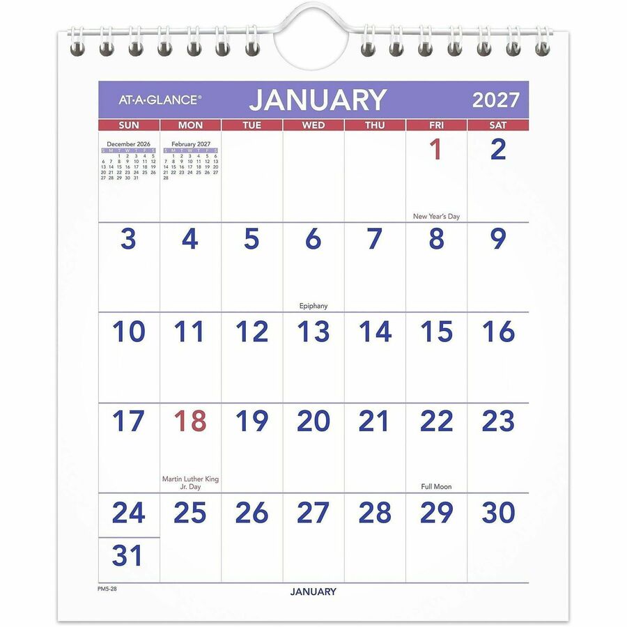 At-A-Glance Wall Calendar - Small - Julian Dates - Monthly - 12 Month - January 2027 to December 2027 - 1 Month Single Page Layout - 6 1/2" x 7 1/2" Sheet Size - White Sheet - Wire Bound - Desk - White - Paper - 1 Each