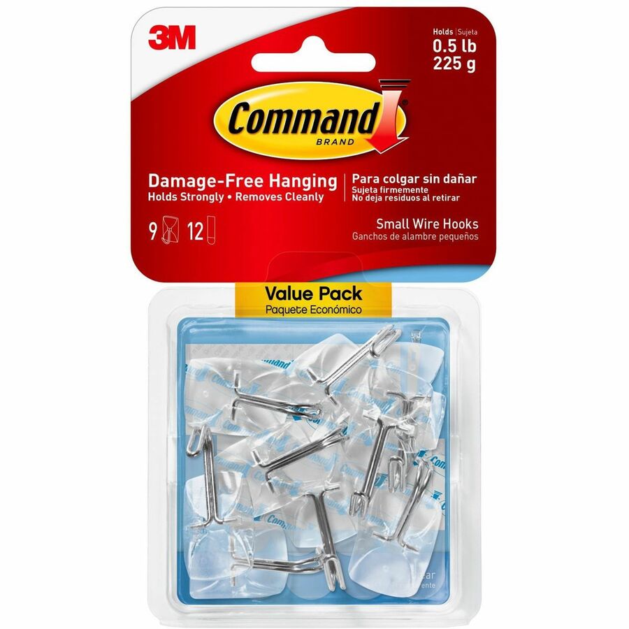 Command Small Wire Hooks - 9 Small Hook - 8 oz (226.8 g) Capacity - 0.7" Width x 1.6" Length - for Utensil, Pictures, Mirror - Clear - 1 Pack
