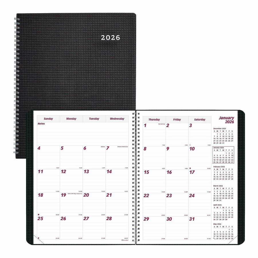 Brownline Monthly Planner - Julian Dates - Monthly - 14 Month - December 2026 to January 2028 - 11" x 8 1/2" Sheet Size - Twin Wire - Black - 1 Each