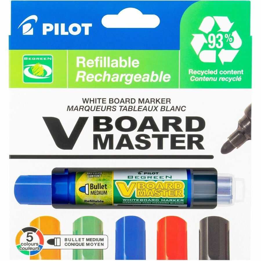 Pilot BeGreen VBoard Master Medium Bullet Marker - Refillable - 5 / Pack