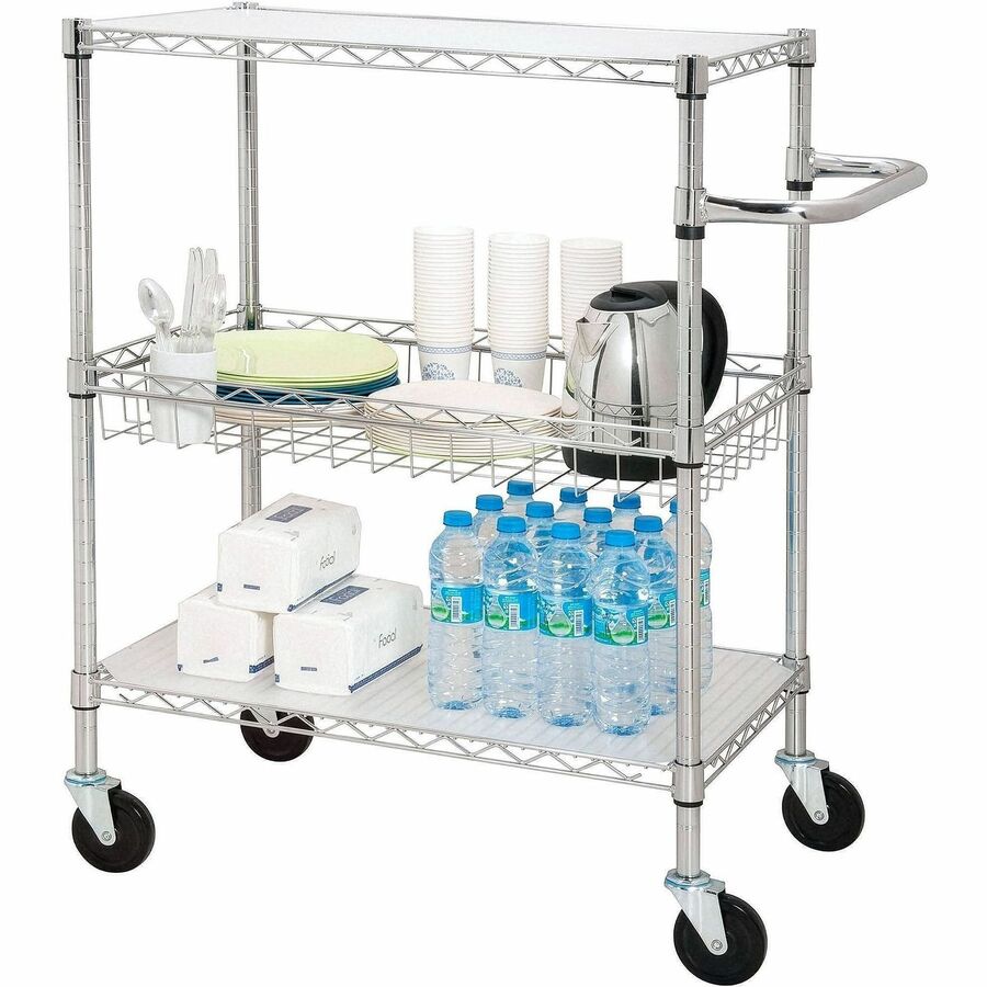 Lorell 3-Tier Rolling Cart - 99 lb Load Capacity - 4 Casters - Steel - 18" Width x 30" Depth x 40" Height - Chrome - 1 Each