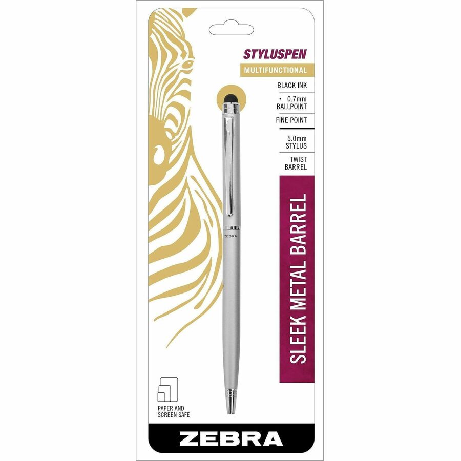 Zebra Pen Stylus Twist Ballpoint Pen Combo - Integrated Writing Pen - 1 - 0.24" - Metal - Silver - Tablet Device Supported