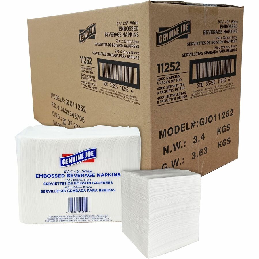 Genuine Joe Quad-fold Square Beverage Napkins - 1 Ply - 1/4 Fold - 9.50" Width x 9.50" Length - White - 500/Pack - 8 / Carton