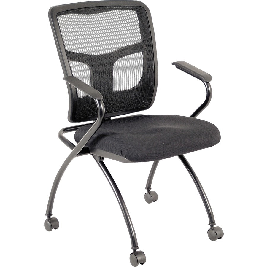 Lorell Mesh Back Nesting Training/Guest Chairs - Fabric Seat Material - Powder Coated Frame Color - Metal Frame Material - Four-legged Base - Black - Mesh - Armrest - 2 / Carton