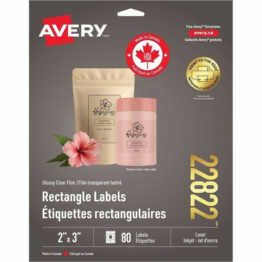 Avery Glossy Clear Rectangle Labels - - HeightPermanent Adhesive - Rectangle - Laser, Inkjet - Glossy Clear, Transparent - Film - 8 / Sheet - 80 / Pack