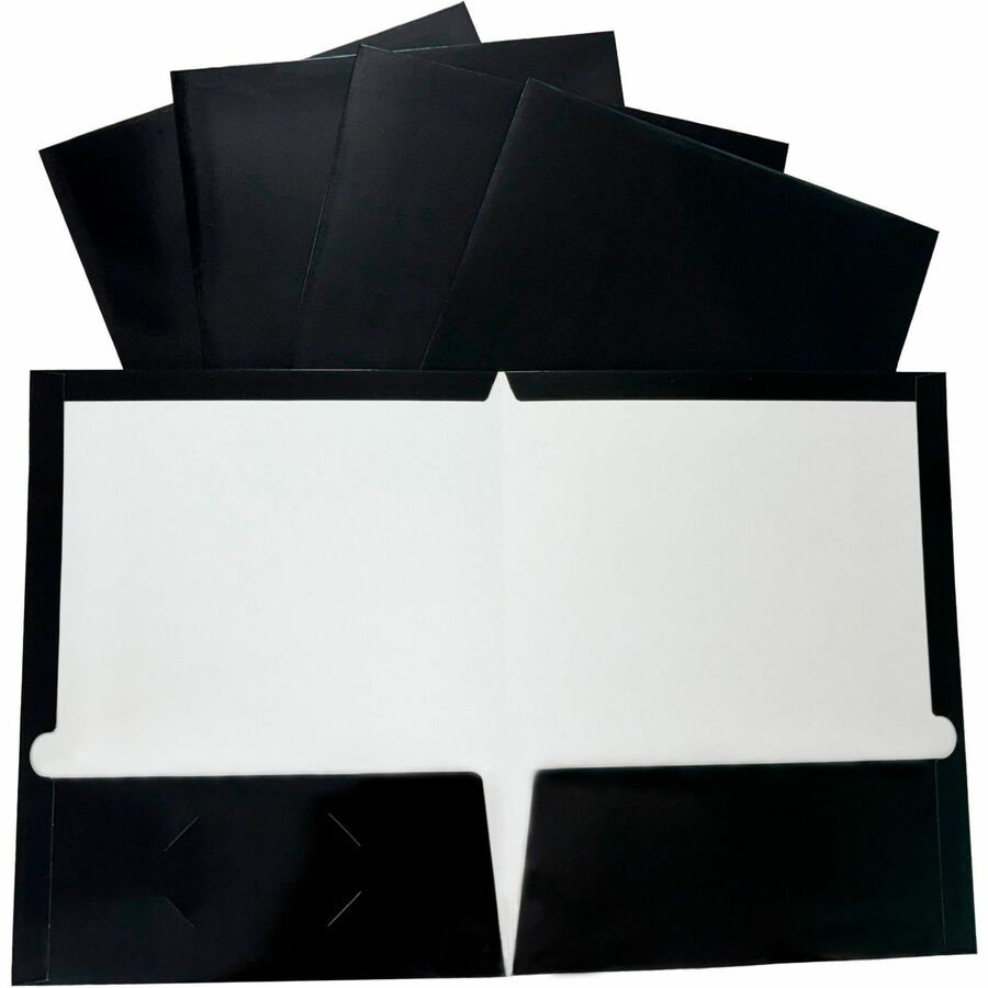 Business Source Letter Pocket Folder - 8 1/2" x 11" - 100 Sheets Capacity - 2 Internal Pocket - Black - Laminated, Die-cut, Durable - 100 / Box