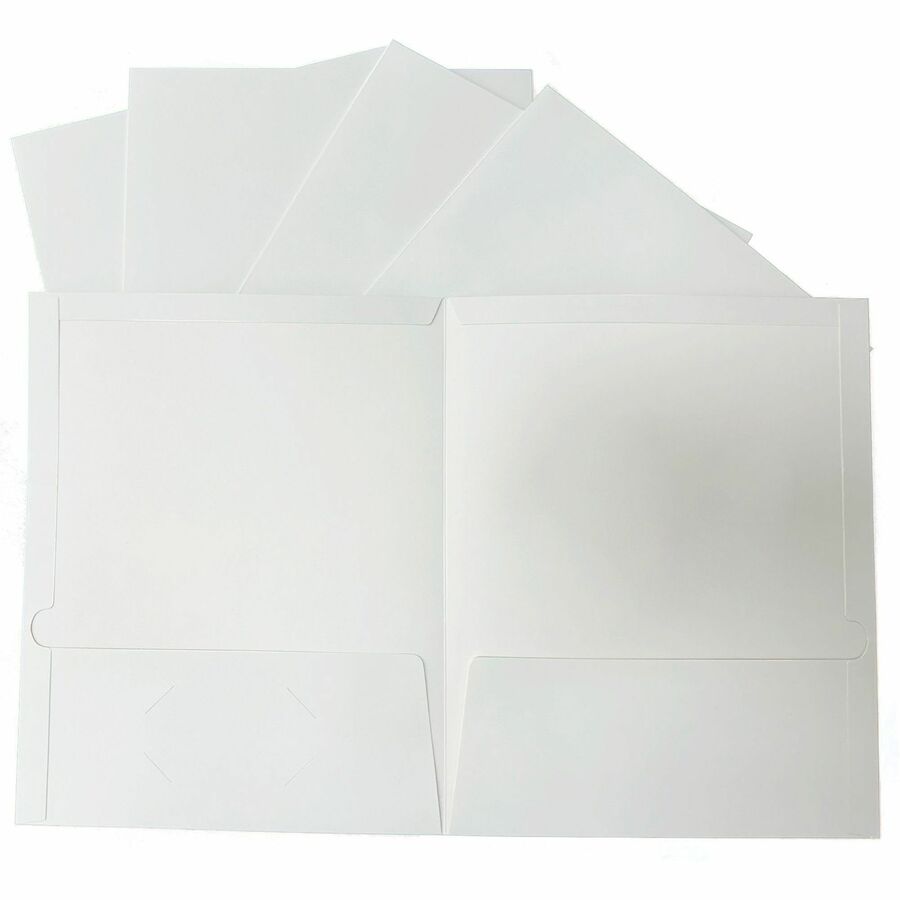 Business Source Letter Pocket Folder - 8 1/2" x 11" - 100 Sheets Capacity - 2 Internal Pocket - White - Laminated, Durable, Die-cut - 1 Box