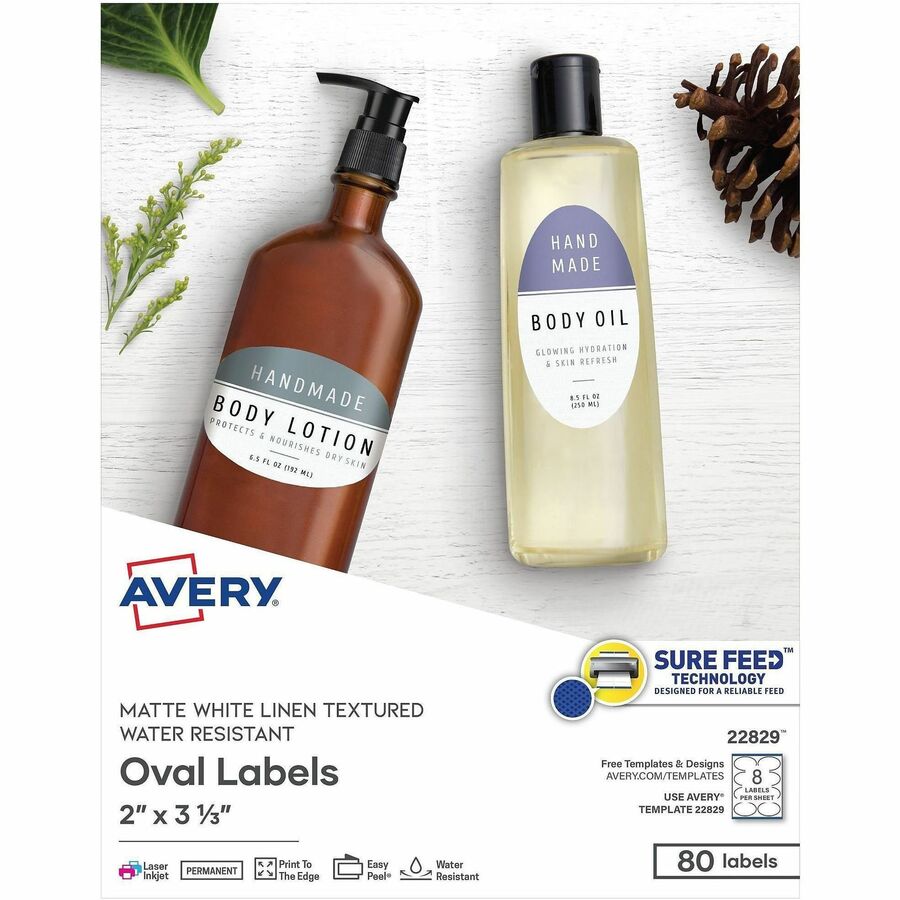 Avery®, Easy Peel Labels -Sure Feed - Print-to-the-Edge - Waterproof - 2" Width x 3 21/64" Length - Permanent Adhesive - Oval - Inkjet, Laser - Textured Matte White - Matte White - Paper - Water Resistant - 8 / Sheet - 8 Total Sheets - 80 Total Labe...