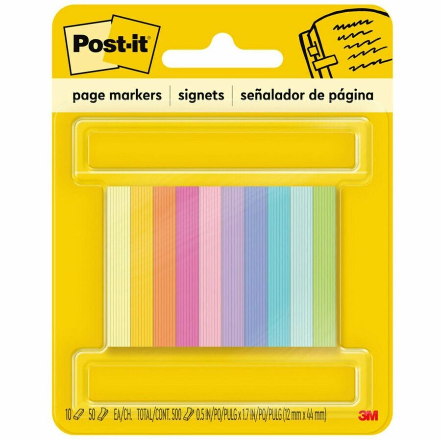 Post-it®, Page Markers - 1/2"W - Bright Colors - 500 x Assorted - 1/2" Flag/Note Width x 2" Flag/Note Length - Rectangle - Unruled - Assorted - Paper - Self-adhesive, Removable, Reusable, Repositionable - 500 / Pack