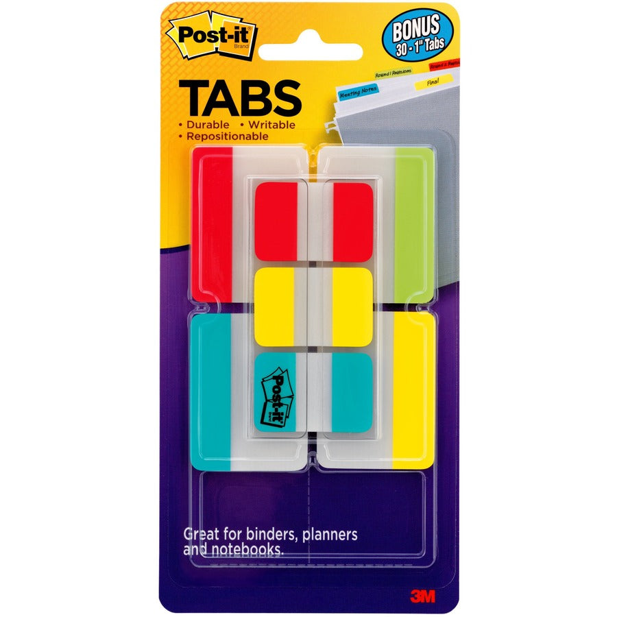 Post-it®, Tabs Value Pack - Primary Colors - Write-on Tab(s) - 1" Tab Height x 2" Tab Width - Red, Yellow, Blue, Green Tab(s) - Tear Resistant, Wear Resistant, Durable, Repositionable - 66 / Pack