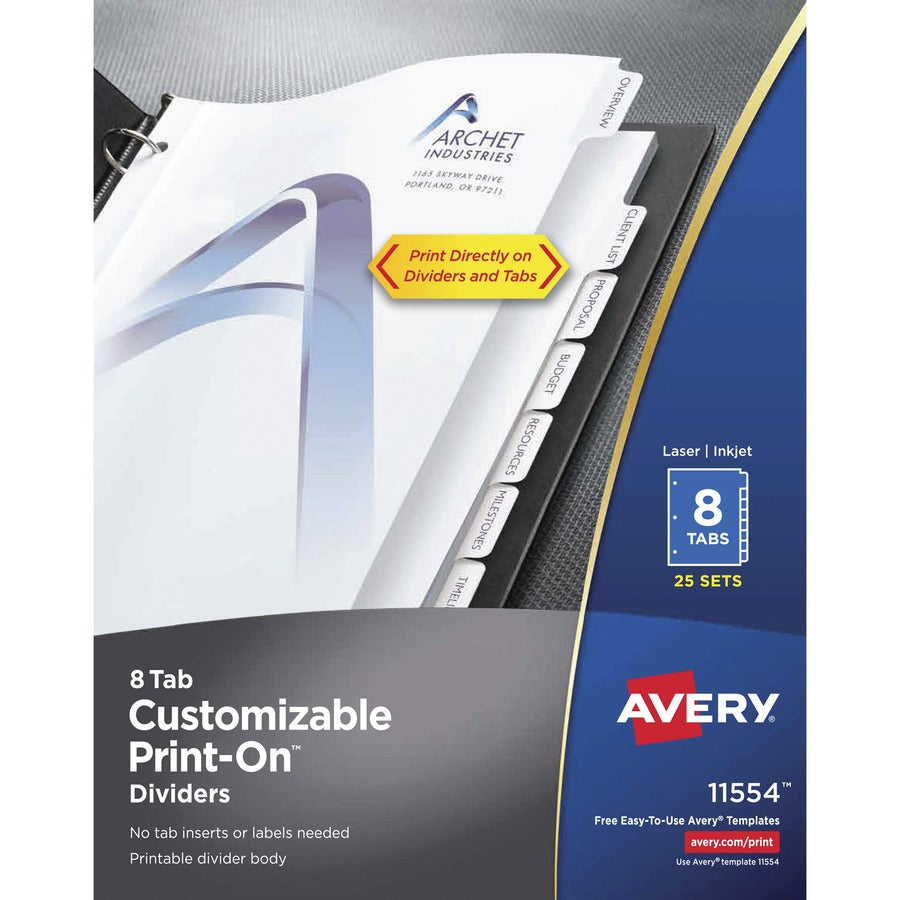Avery®, Customizable Print-On Dividers - 200 x Divider(s) - 8 Print-on Tab(s) - 8 - 8 Tab(s)/Set - 8.5" Divider Width x 11" Divider Length - 3 Hole Punched - White Paper Divider - White Paper Tab(s) - 20% Recycled - Hole-punched, Printable, Customiz...