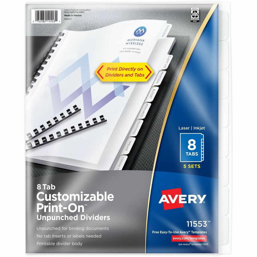 Avery®, Unpunched Print-On Dividers - 40 x Divider(s) - Print-on Tab(s) - 8 - 8 Tab(s)/Set - 8.5" Divider Width x 11" Divider Length - White Paper Divider - White Paper Tab(s) - 20% Recycled - Unpunched, Printable, PVC-free, Chlorine-free, Customiza...