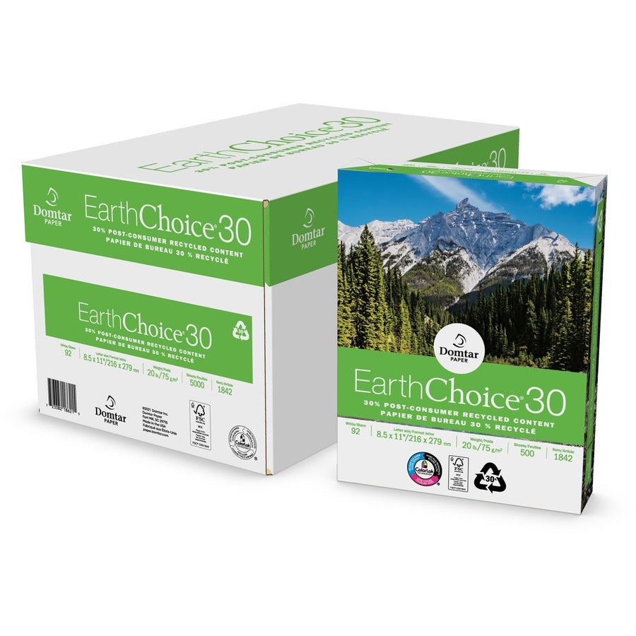 Domtar EarthChoice 30 Office Paper 8-1/2" x 11" 500 Sheets/pkg - 92 Brightness - 88% Opacity - Letter - 8 1/2" x 11" - 20 lb Basis Weight - ColorLok Technology, Chlorine-free, Acid-free, Jam-free - White - 500 Sheets - 1 Carton
