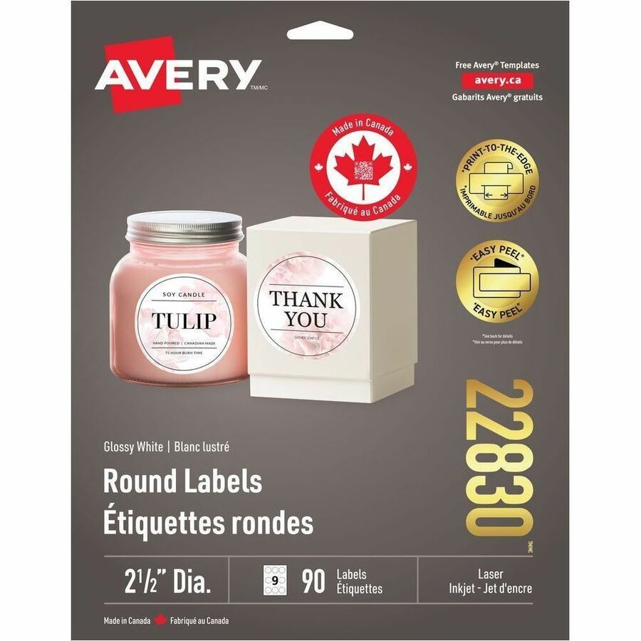 Avery Glossy White Round Labels - 2 1/2" Diameter - Permanent Adhesive - Round - Laser, Inkjet - Glossy White - Paper - 9 / Sheet - 90 / Pack