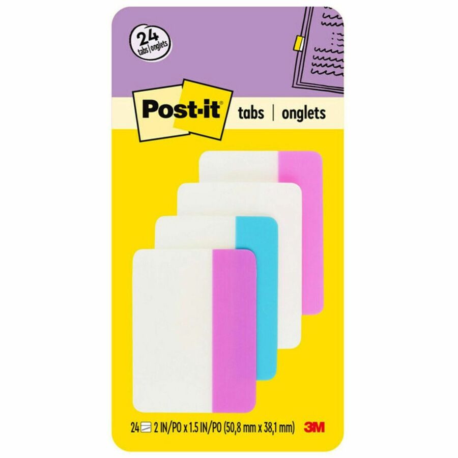 Post-it®, Filing Tabs - Write-on Tab(s) - 1.50" Tab Height x 2" Tab Width - Purple, Blue, White, Pink Tab(s) - Reusable, Repositionable, Durable, Wear Resistant, Tear Resistant - 24 / Pack