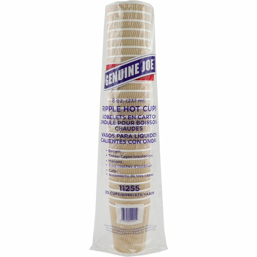 Genuine Joe 8 oz Rippled Hot Cups - 8 fl oz - Brown - Beverage, Hot Drink - 25 / Pack