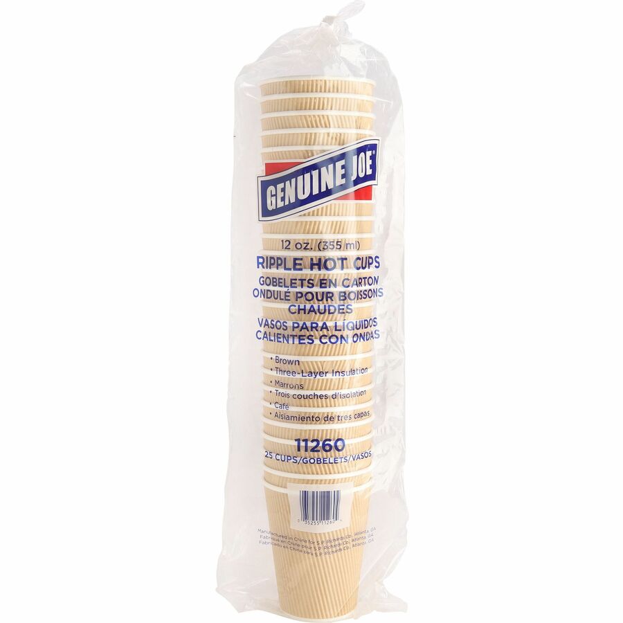 Genuine Joe 12 oz Rippled Hot Cups - 12 fl oz - Brown - Beverage, Hot Drink - 25 / Pack