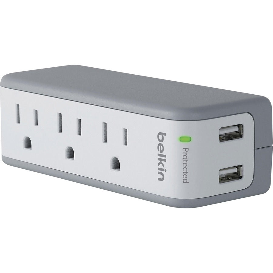 Belkin 3-Outlet Mini Travel Surge Protector with USB Ports (2.1 AMP) - NEMA 5-15P - 3 x NEMA 5-15R, 2 x USB - 918 J - 120 V AC Input - 120 V AC, 5 V DC Output - 36 kA - Wall Mountable