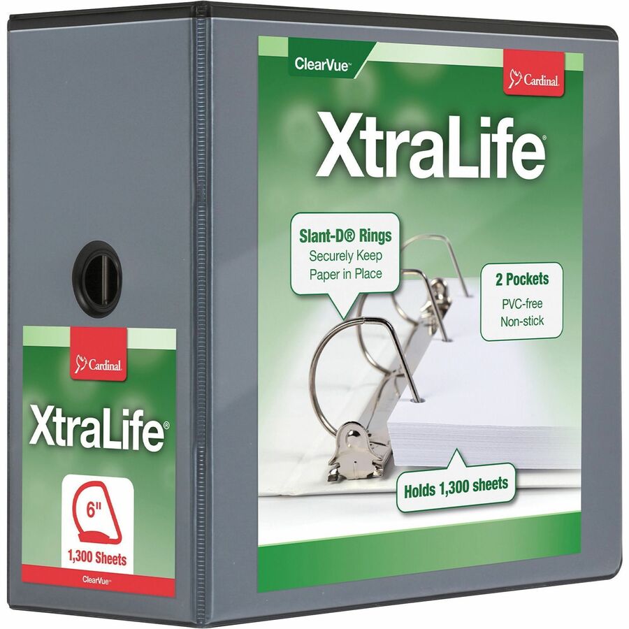 Cardinal®, Xtralife ClearVue Locking Slant-D Binder - 6" Binder Capacity - Letter - 8 1/2" x 11" Sheet Size - 1300 Sheet Capacity - 5 1/2" Spine Width - 3 Ring - Fastener: D-Ring - Pocket: 2, Inside Front & Back - Polyolefin - Black - 2.25 lb - Recy...