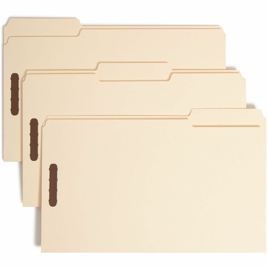 Smead 1/3 Tab Cut Legal Recycled Fastener Folder - 8 1/2" x 14" - 2 x 2K Fastener - Top Tab Location - Assorted Tab Position - 18 pt. - 1 Plys - Manila - 10% Recycled - 50 / Box