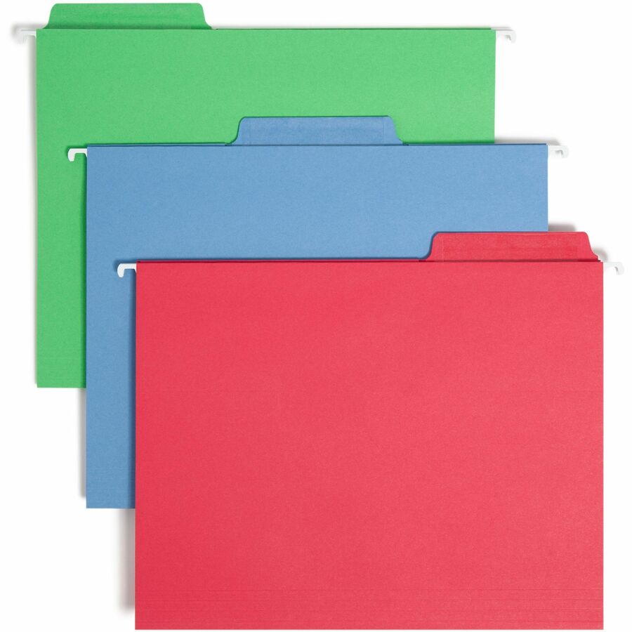 Smead FasTab 1/3 Tab Cut Letter Hanging Folder - 8 1/2" x 11" - Top Tab Location - Assorted Tab Position - 11 pt. - 2 Plys - Blue, Green, Red - Reinforced Tab - 10% Recycled - 18 / Box