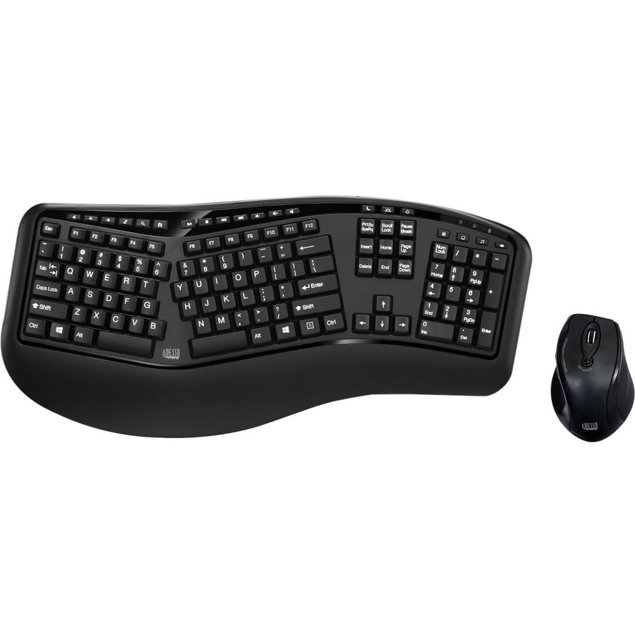 Adesso Wireless Ergonomic Keyboard and Laser Mouse - USB Membrane Wireless RF 2.40 GHz Keyboard - 105 Key - English (US) - Black - USB Wireless RF Mouse - Laser - 1600 dpi - Scroll Wheel - Black - Play/Pause, Previous Track, Next Track, Volume Up, Volu...