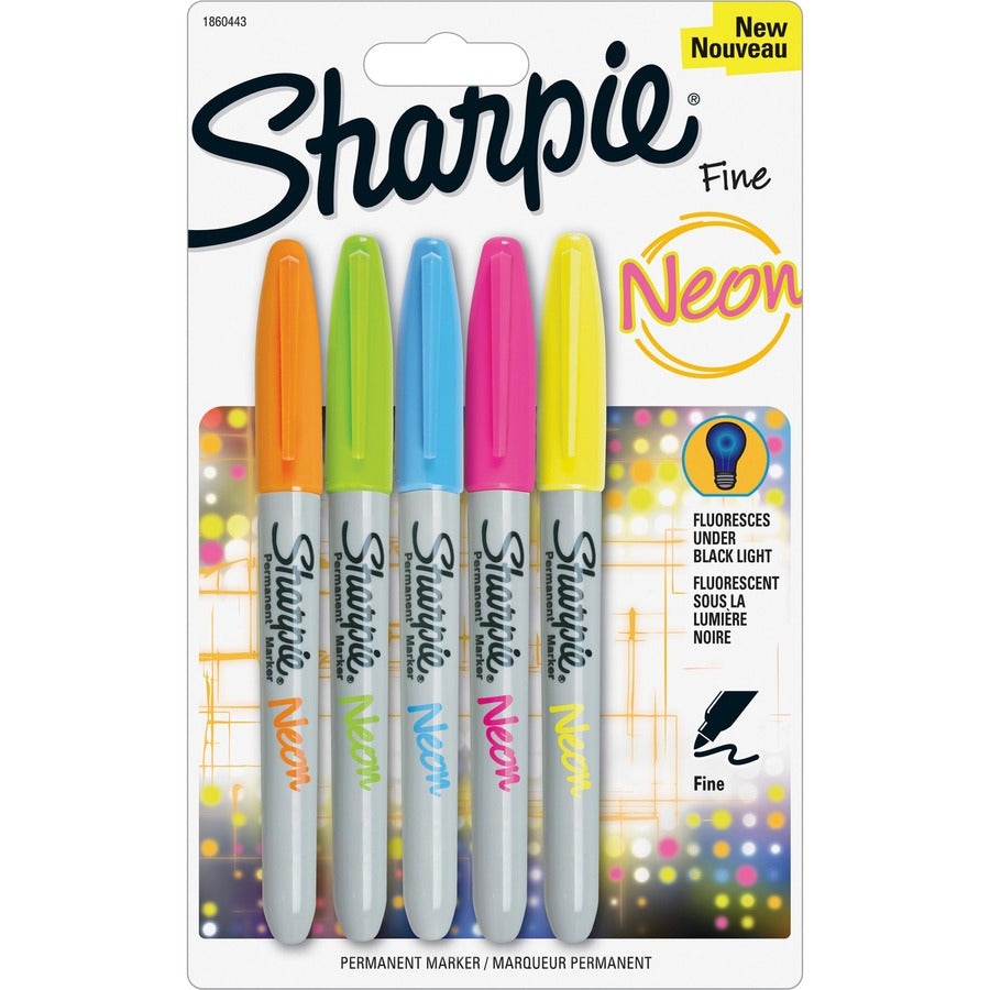 Sharpie Fine Neon Permanent Markers - Neon Yellow, Neon Pink, Neon Orange, Neon Green, Neon Blue Ink - 5 / Set