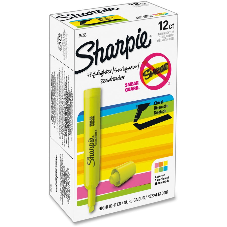 Sharpie SmearGuard Tank Style Highlighters - Fluorescent Yellow, Yellow, Fluorescent Green, Fluorescent Orange, Fluorescent Pink, Blue Ink - 12 / Set