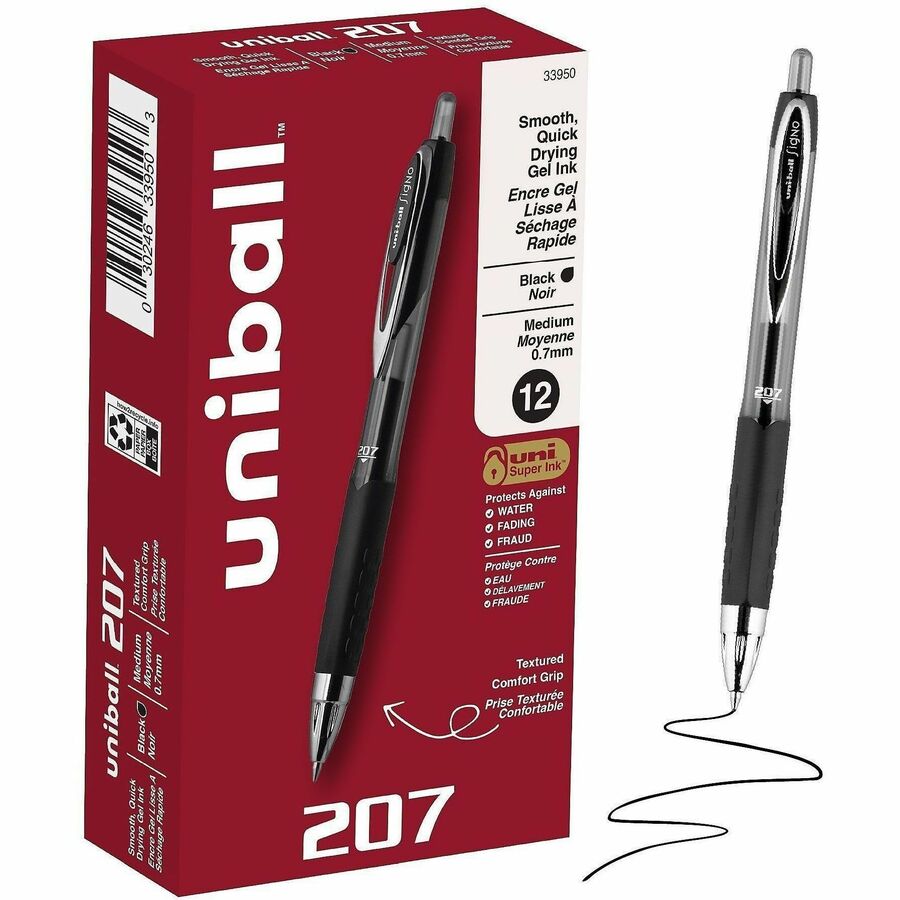 uniball™, 207 Gel Pen - Refillable - Retractable - Black Ink - Pigment-based - Translucent Barrel - 12 / Dozen
