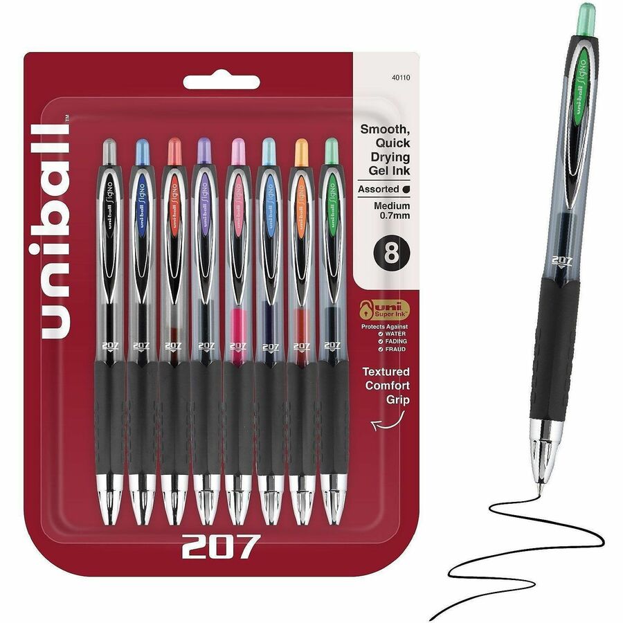 uniball™, 207 Gel Pen - Refillable - Retractable - Black, Blue, Green, Light Blue, Orange, Pink, Purple, Red Ink - Pigment-based - 8 / Set