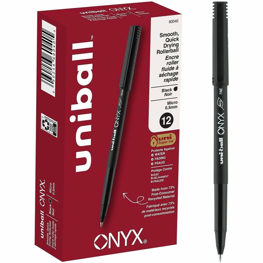 uniball™, Onyx Rollerball Pens - Black Ink - Dye-based - Matte Black Barrel - Metal Tip - 12 / Dozen