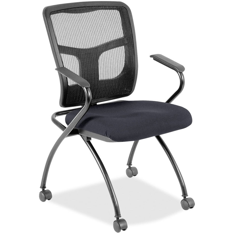 Lorell Mesh Back Nesting Training/Guest Chairs - Fuse Azurean Seat Color - Fabric Seat Material - Powder Coated Frame Color - Metal Frame Material - Four-legged Base - Black - Mesh - Armrest - 2 / Carton