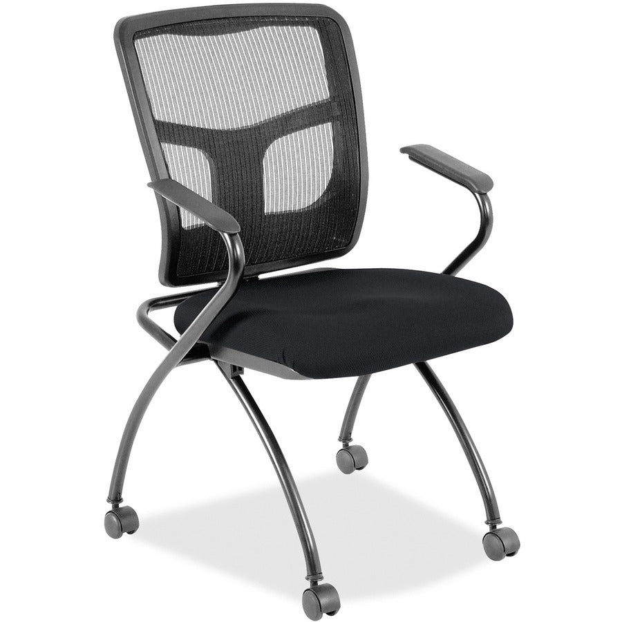 Lorell Mesh Back Nesting Training/Guest Chairs - Insight Ebony Seat Color - Fabric Seat Material - Powder Coated Frame Color - Metal Frame Material - Four-legged Base - Black - Mesh - Armrest - 2 / Carton