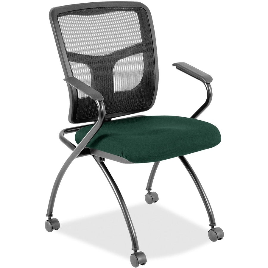 Lorell Mesh Back Nesting Training/Guest Chairs - Insight Forest Seat Color - Fabric Seat Material - Powder Coated Frame Color - Metal Frame Material - Four-legged Base - Black - Mesh - Armrest - 2 / Carton
