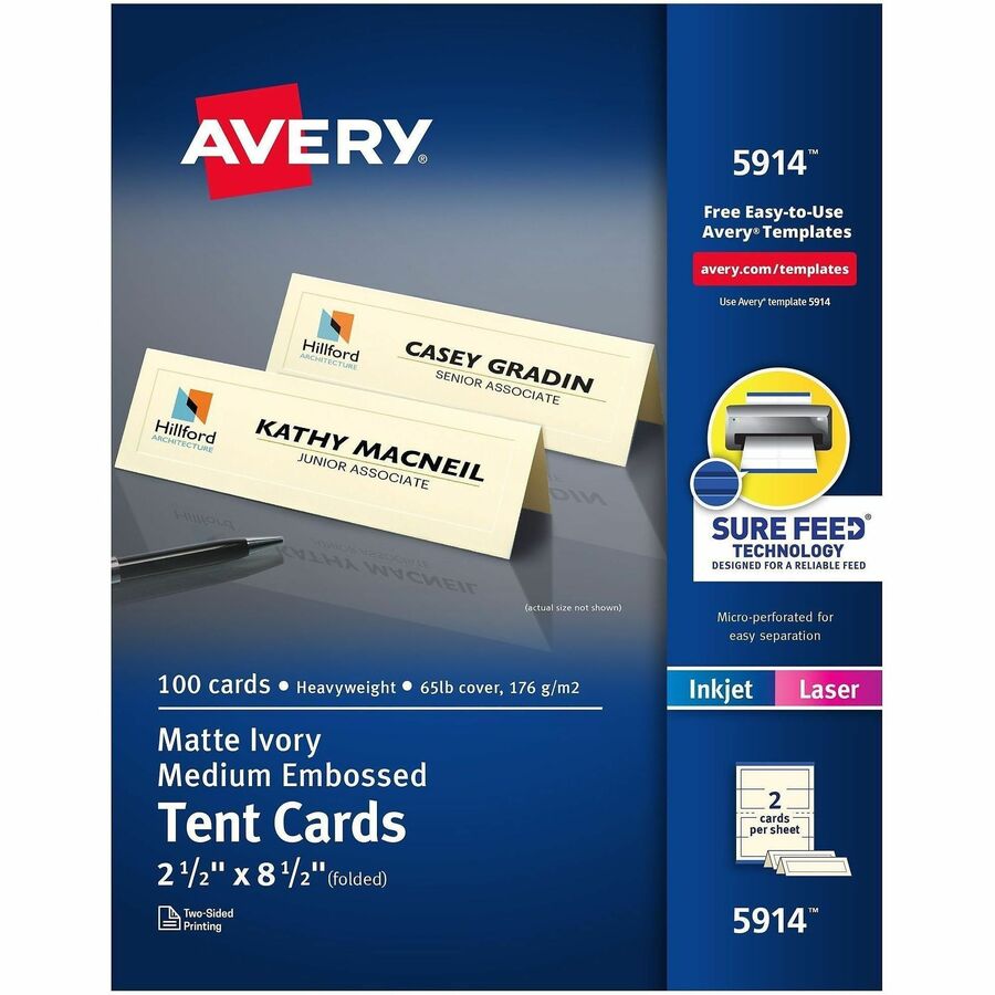 Avery®, Sure Feed Embossed Tent Cards - 79 Brightness - Letter - 8 1/2" x 11" - 65 lb Basis Weight - 176 g/m², Grammage - Embossed, Matte - Rounded Corner, Heavyweight, Printable, Smooth Edge, Pre-scored, Foldable, Jam-free, Double-sided, Micro...