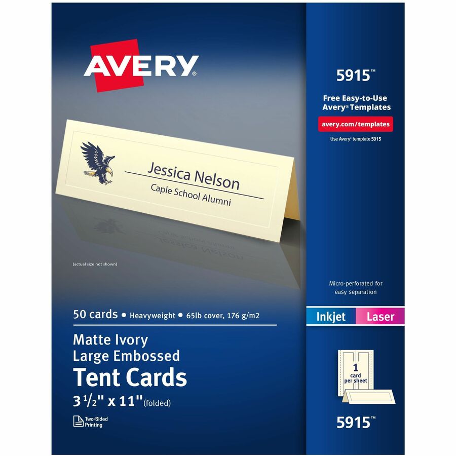 Avery®, Tent Cards, 3.5" x 11" , Embossed Border, 50 Cards (5915) - 79 Brightness - 3 1/2" x 11" - 65 lb Basis Weight - 176 g/m², Grammage - Embossed, Foldable, Perforated, Heavyweight, Printable, Smooth Edge, Pre-scored, Double-sided, Uncoated...