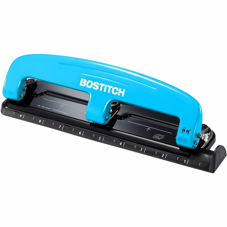 Bostitch EZ Squeeze™, 12 Three-Hole Punch - 3 Punch Head(s) - 12 Sheet - 9/32" Punch Size - Round Shape - 3" Width x 1.6" Height - Blue, Black