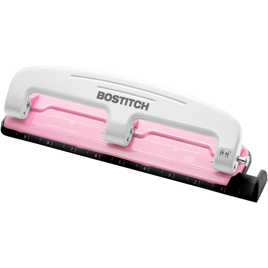 Bostitch EZ Squeeze™, InCourage 12 Three-Hole Punch - 3 Punch Head(s) - 12 Sheet - 9/32" Punch Size - Round Shape - 3" Width x 1.6" Height - Pink, White