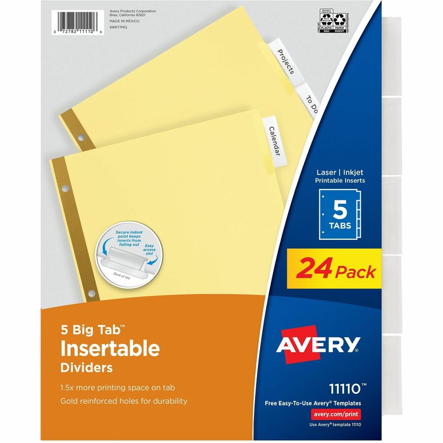 Avery®, Big Tab Insertable Dividers - 120 x Divider(s) - 5 Tab(s) - 5 - 5 Tab(s)/Set - 8.5" Divider Width x 11" Divider Length - Letter - 3 Hole Punched - Buff Paper Divider - Clear Plastic, Paper Tab(s) - 30% Recycled - Hole-punched, Insertable, St...