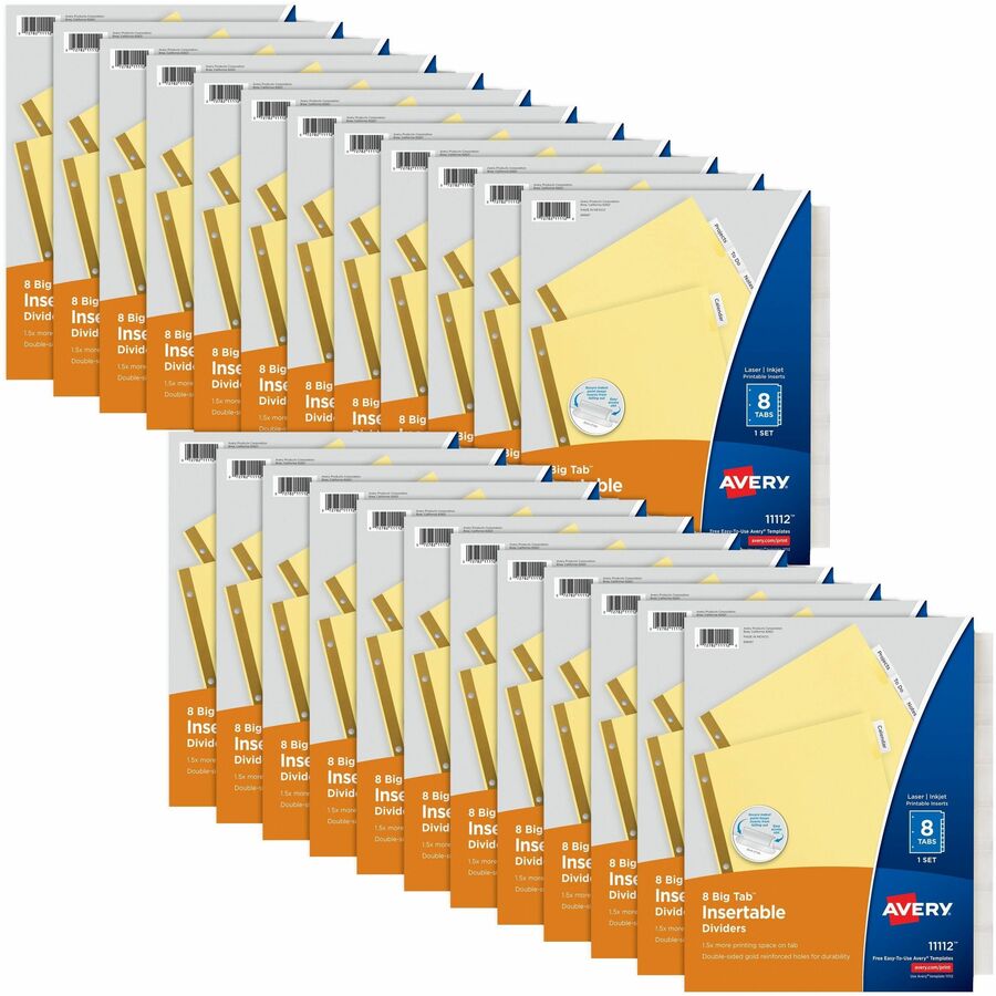 Avery®, Big Tab Insertable Dividers - 192 x Divider(s) - 8 Tab(s) - 8 - 8 Tab(s)/Set - 8.5" Divider Width x 11" Divider Length - 3 Hole Punched - Buff Paper Divider - Clear Plastic, Paper Tab(s) - 30% Recycled - Hole-punched, Insertable, Sturdy, Dur...