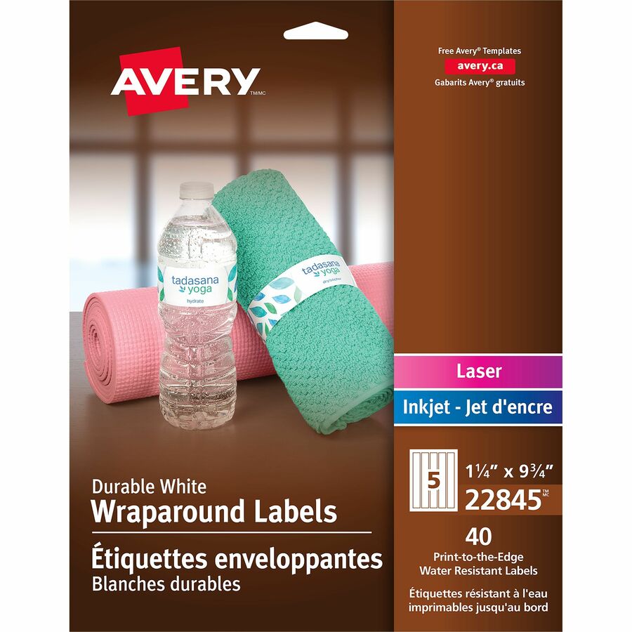 Avery Durable White Wraparound Labels - - HeightPermanent Adhesive - Laser, Inkjet - White - Film - Water Resistant - 5 / Sheet - 40 / Pack